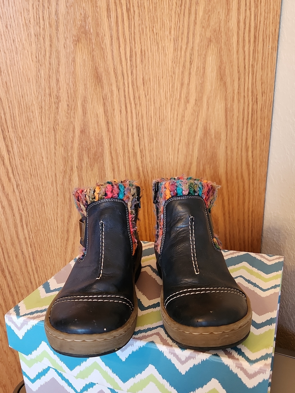 Rieker Navy Leather Ankle Boots with Multicolor Knit Cuff
